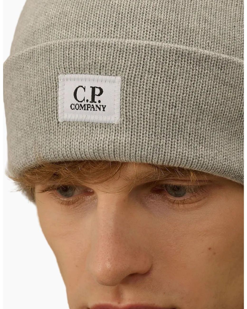 C P Company Gray Extrafine Merino Wool Logo Beanie for men