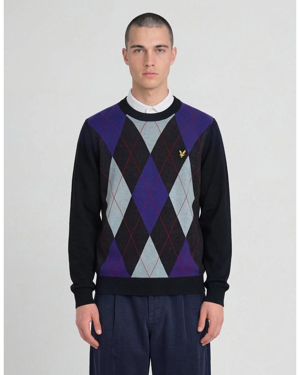 Lyle & Scott Blue Archive Argyle Crew Neck Jumper for men