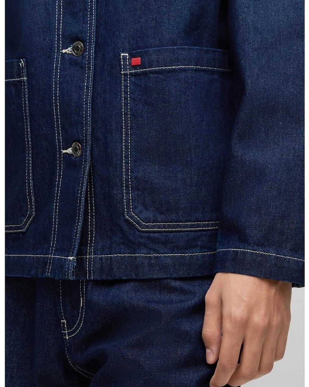 Boss Blue Solid Patterned Denim Jacket With Shirt Collar for men