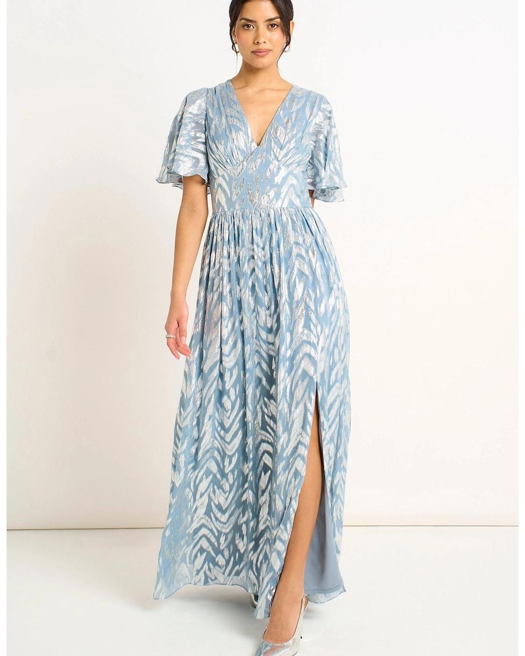 Gini London Blue Flowy Abstract Print Slit Maxi Dress