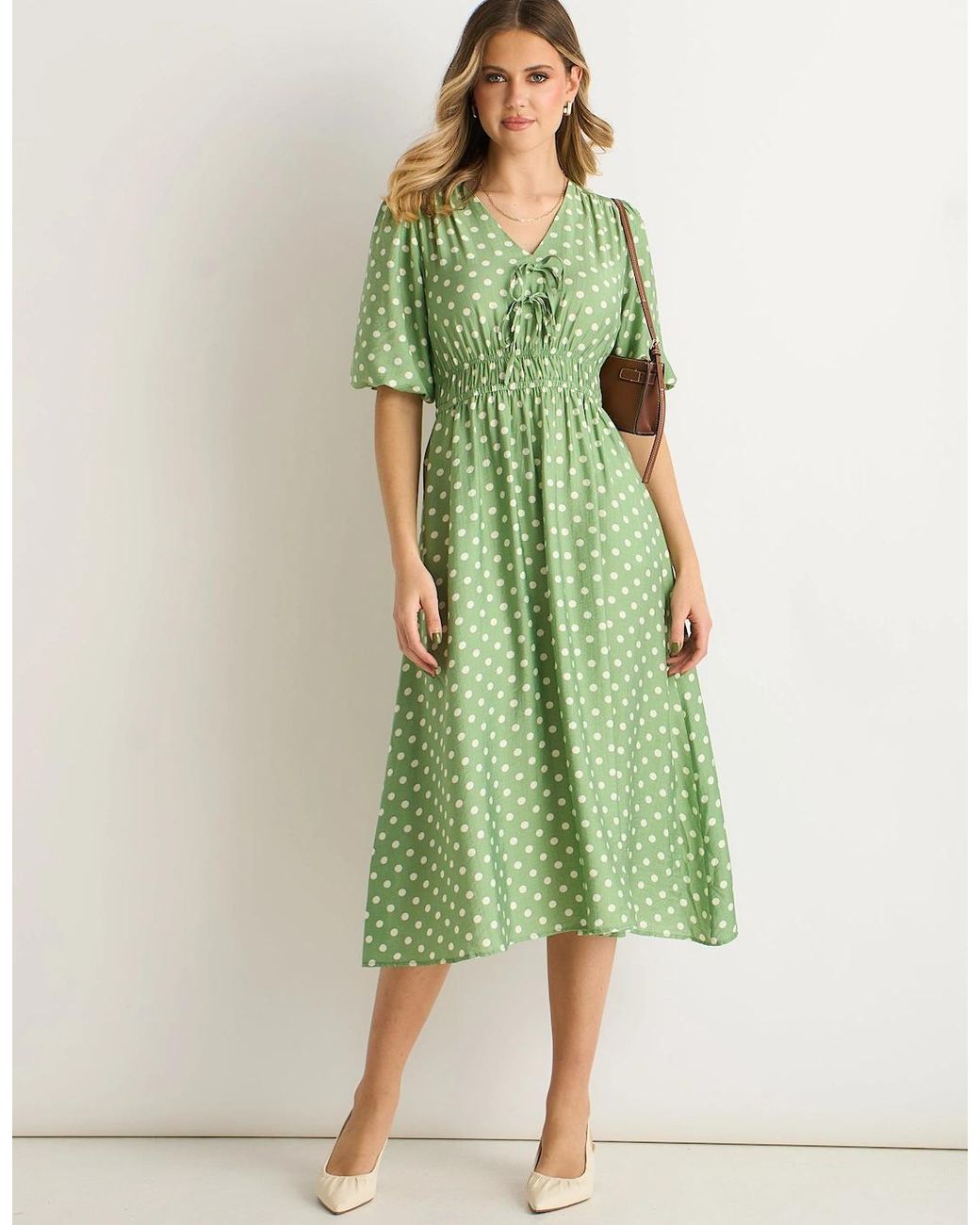 Gini London Green Sage Spot Print Shirred Waist Shift Midi Dress