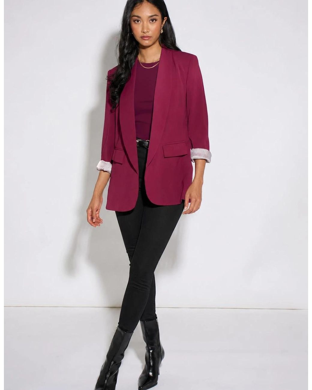 Gini London Purple Mulberry Contrast Sleeve Edge To Edge Blazer