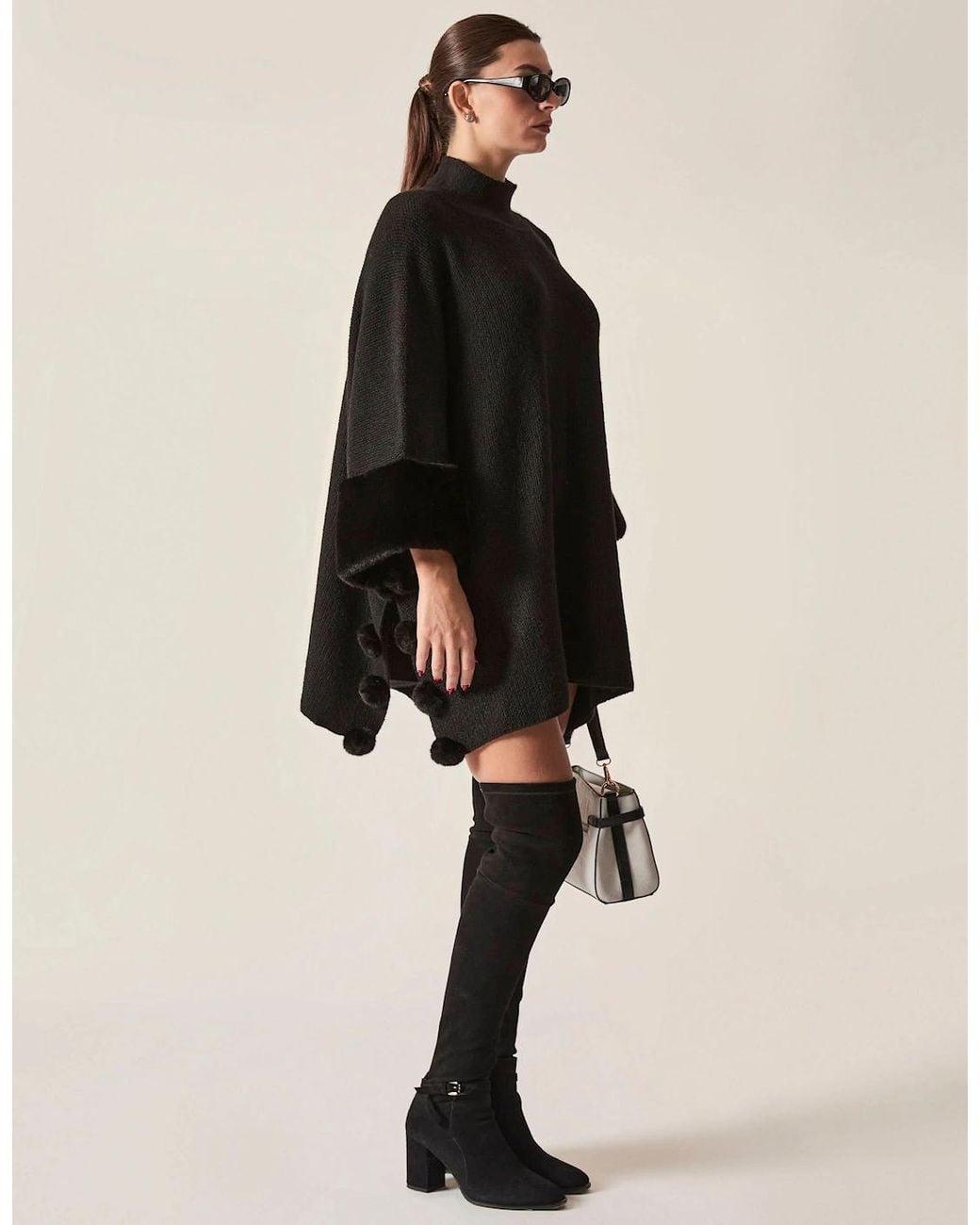 James Lakeland Black Pom Pom Faux Fur Knit Poncho