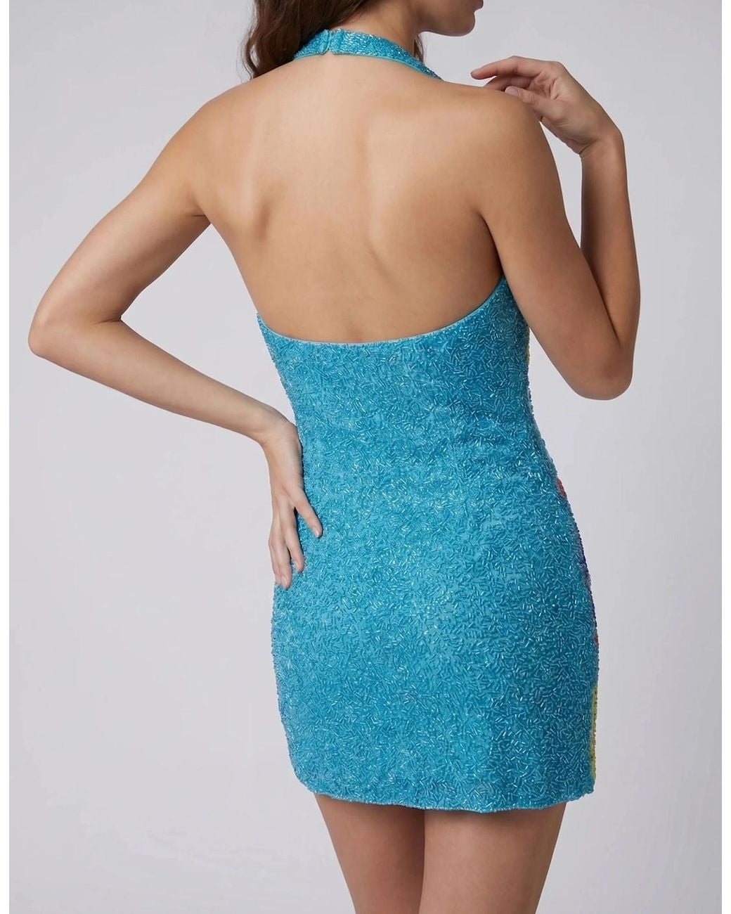 Oceanus Blue Flower And Monsterra Hand Beaded Mini Dress