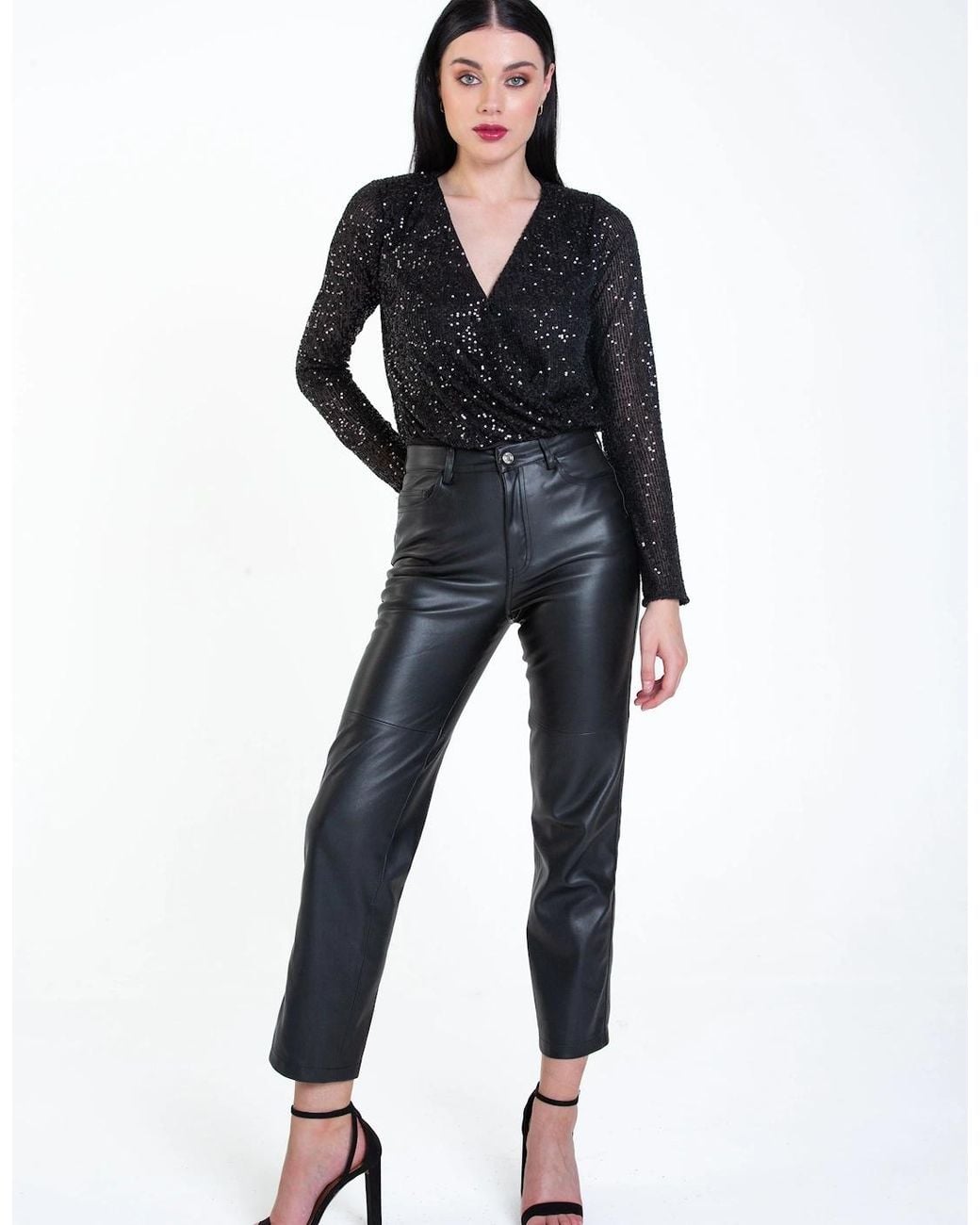 Gini London Black Sequin Wrap Long Sleeves Bodysuit