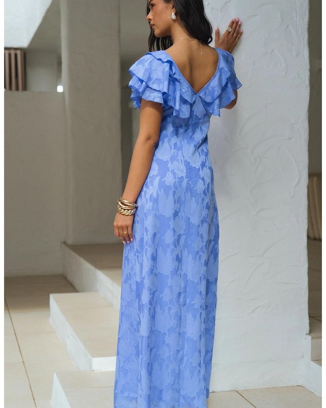 Gini London Blue Satin Jacquard Ruffle Maxi Dress