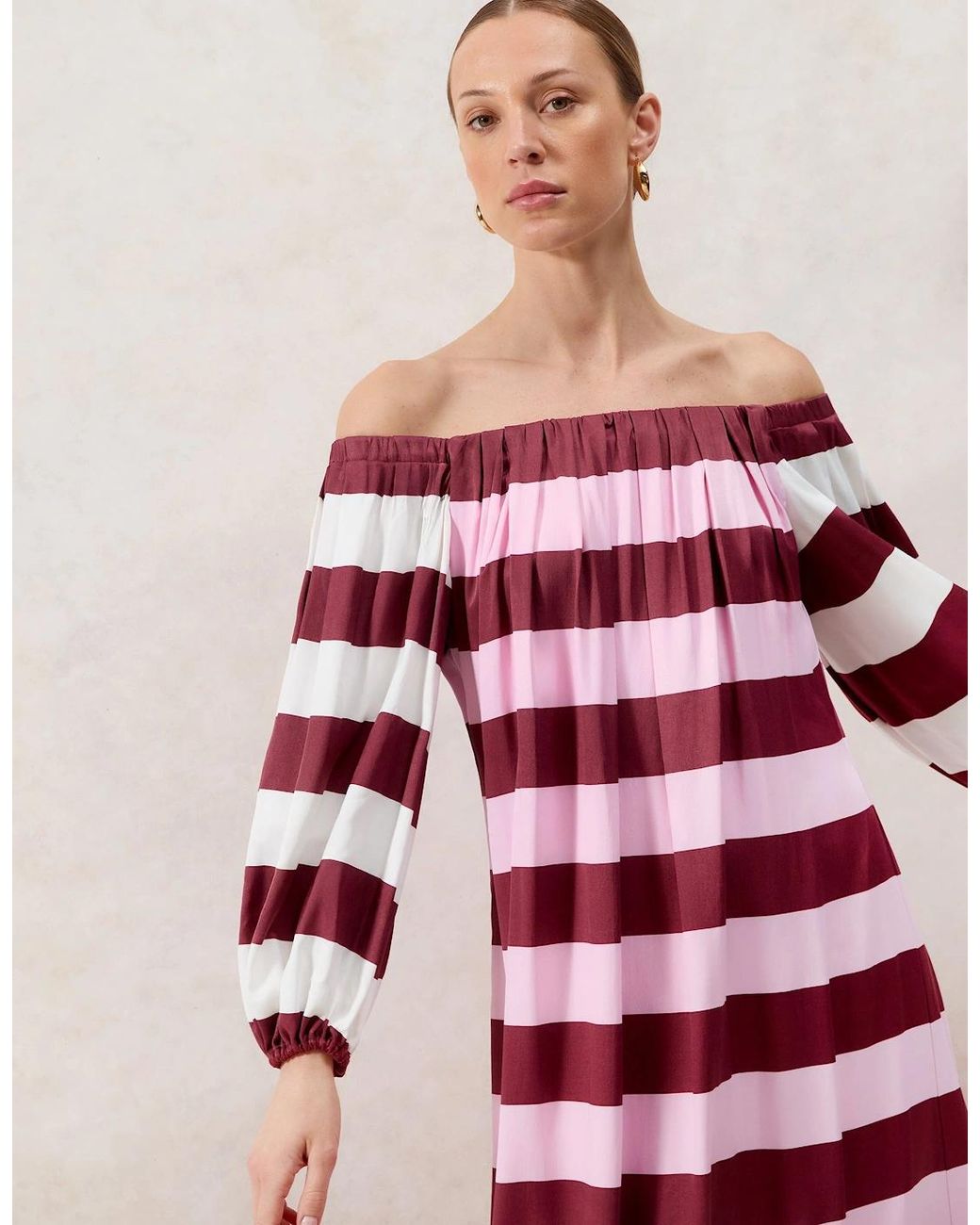Ro&zo Red Gigi Striped Bardot Maxi Dress