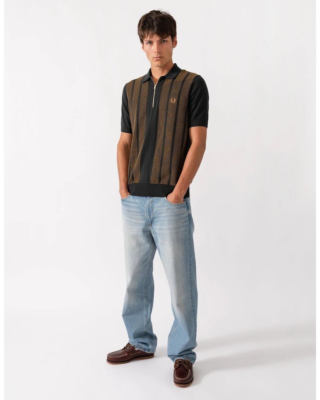 Fred Perry Black Textured Panel Knitted Polo Shirt for men