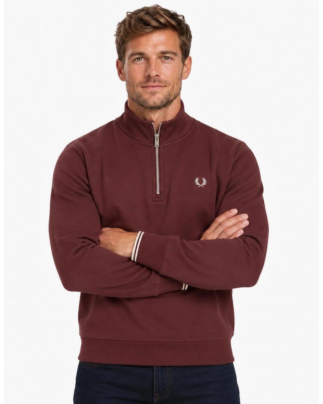Fred Perry Red Half Zip Sweatshirt Oxblood/Ecru for men