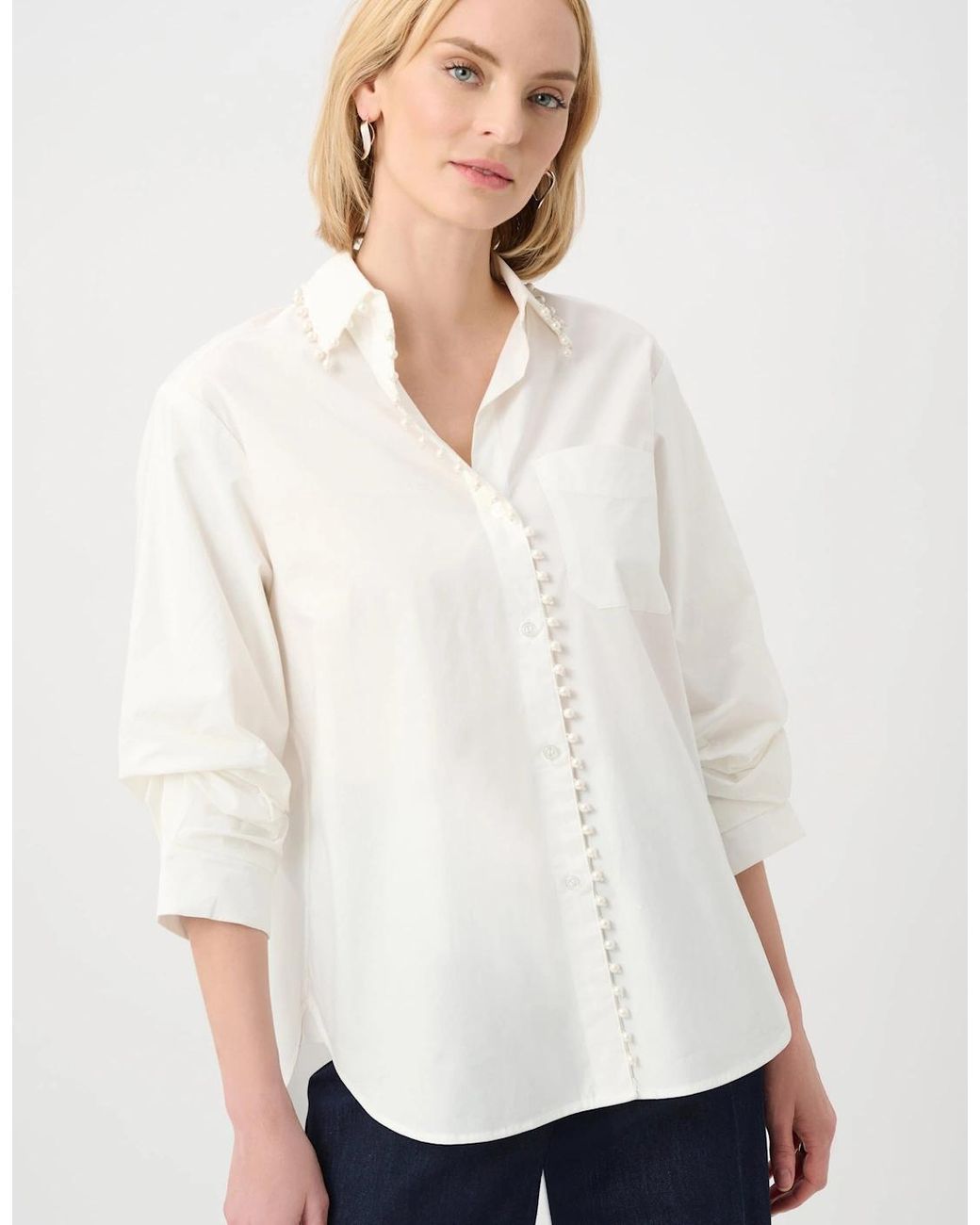 Joseph Ribkoff White Cotton Poplin Pearl Trim Boxy Blouse
