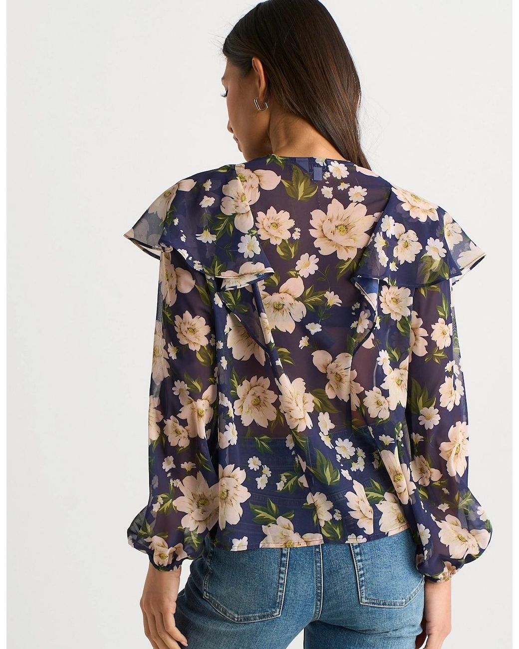 Gini London Blue Elegant Floral Ruffle Shoulder Blouse