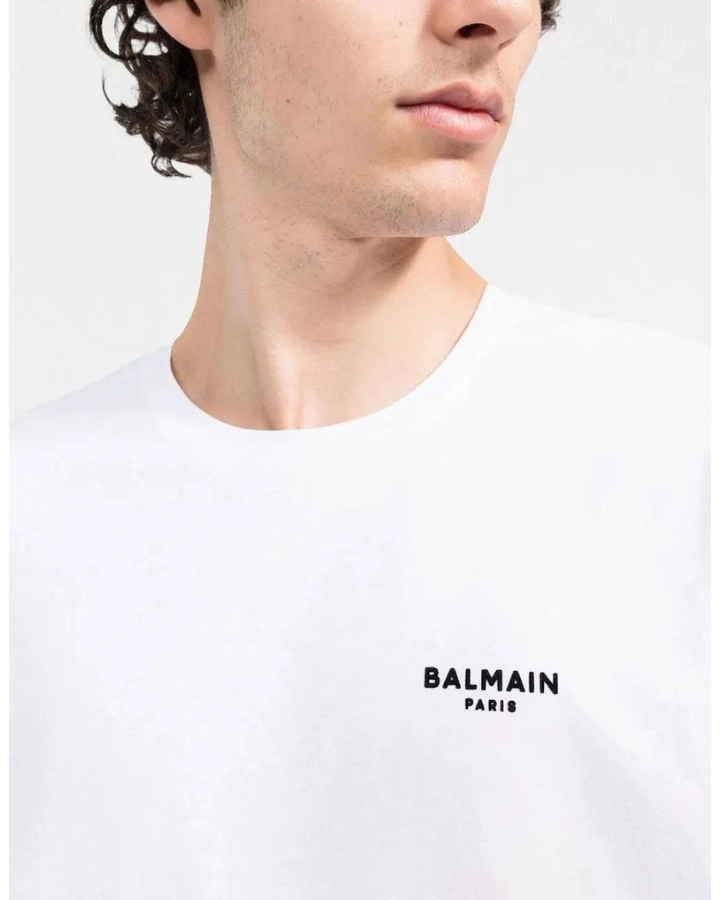 Balmain White Small Logo Flock Cotton T-Shirt for men