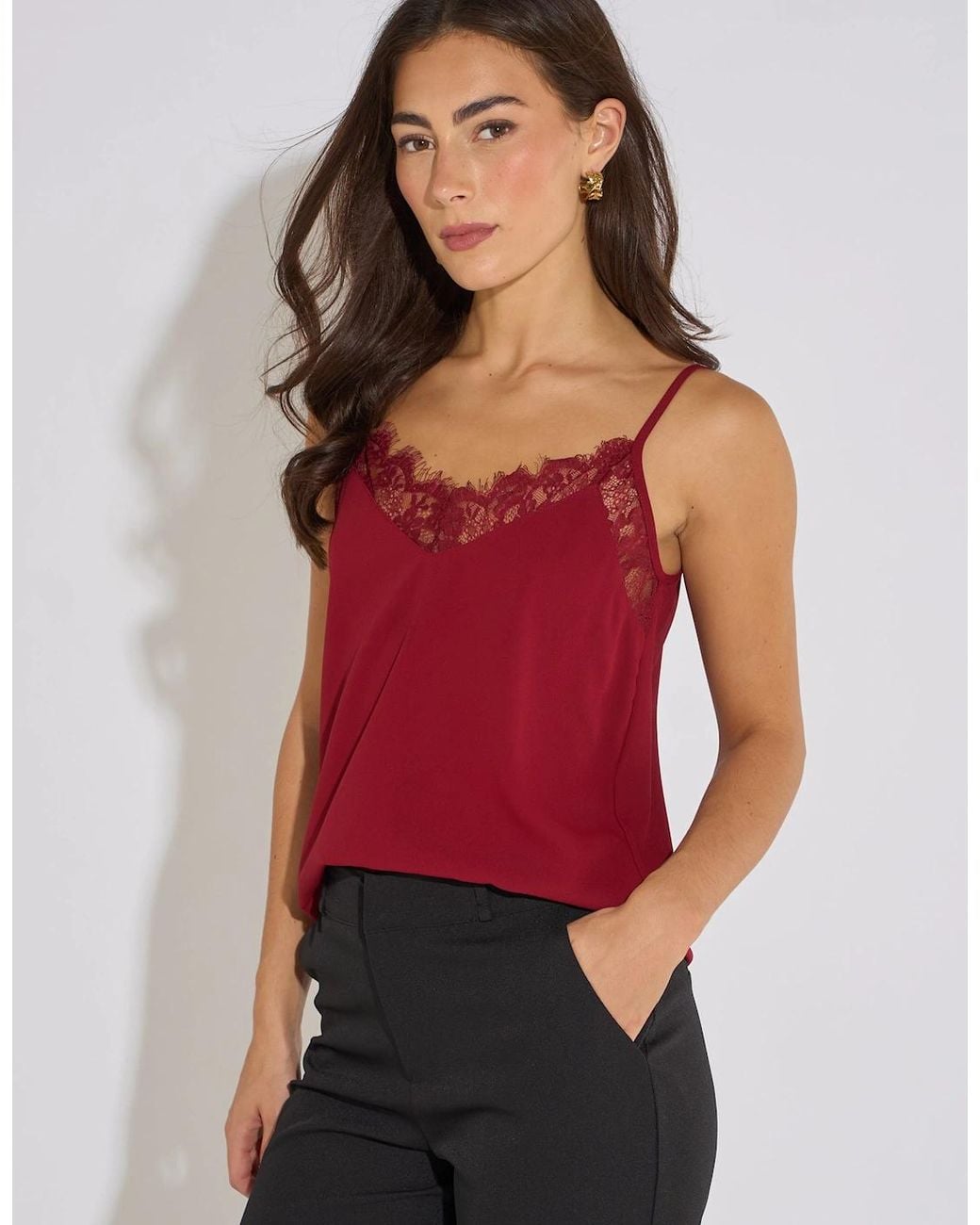Gini London Red Mulberry Lace Trim Strappy Cami Top