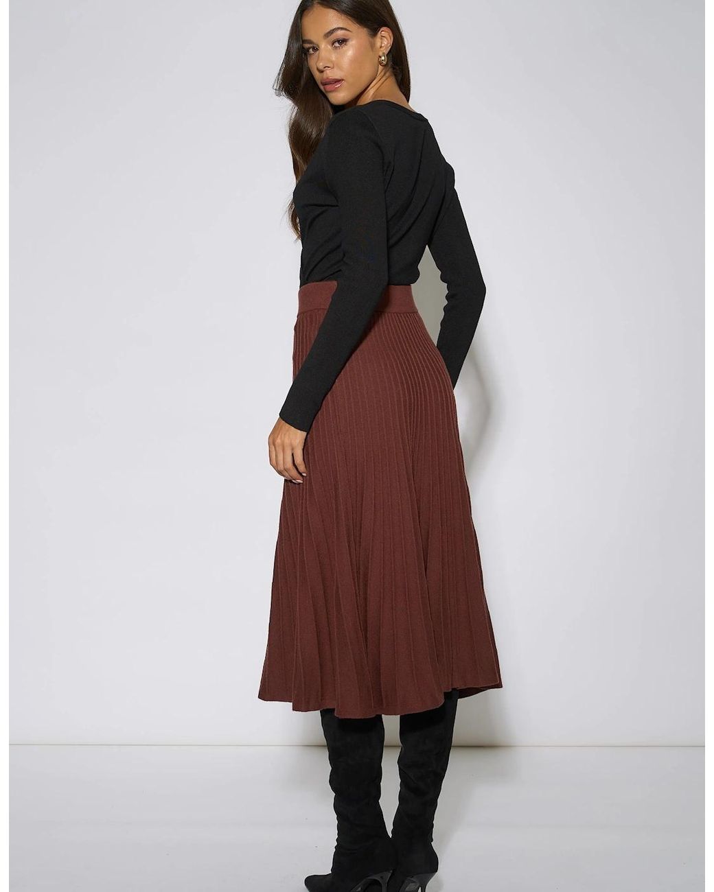 Gini London Brown Pleat Detail Knitted Flared Midi Skirt