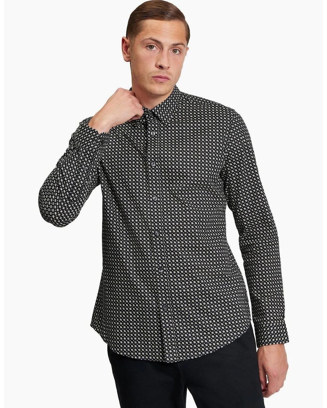 Ben Sherman Gray Mono Block Print Long Sleeve Shirt for men