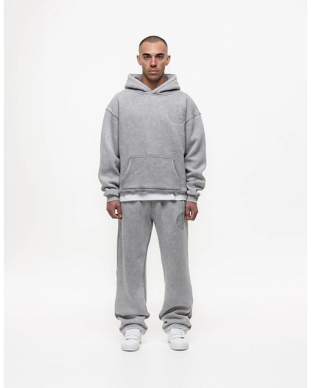 Magrit White Embroidered Acid Wash Hoodie & Jogger Tracksuit for men