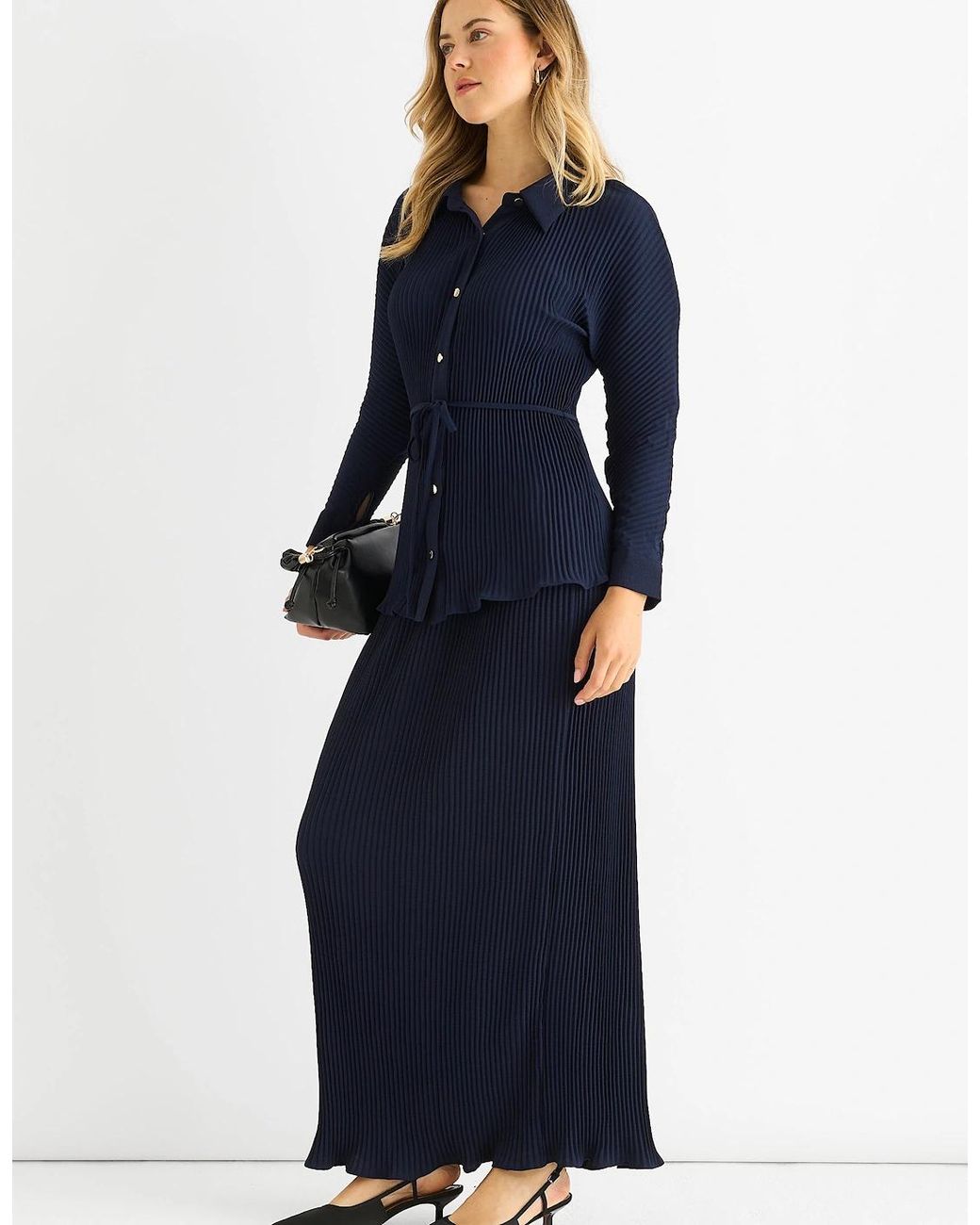Gini London Blue Plisse Elasticated Waist Maxi Skirt