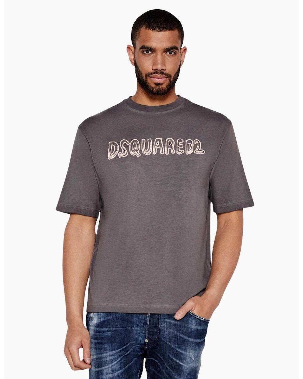 DSquared² Gray Best Fade Loose Fit Cartoon Logo T-Shirt Charcoal for men