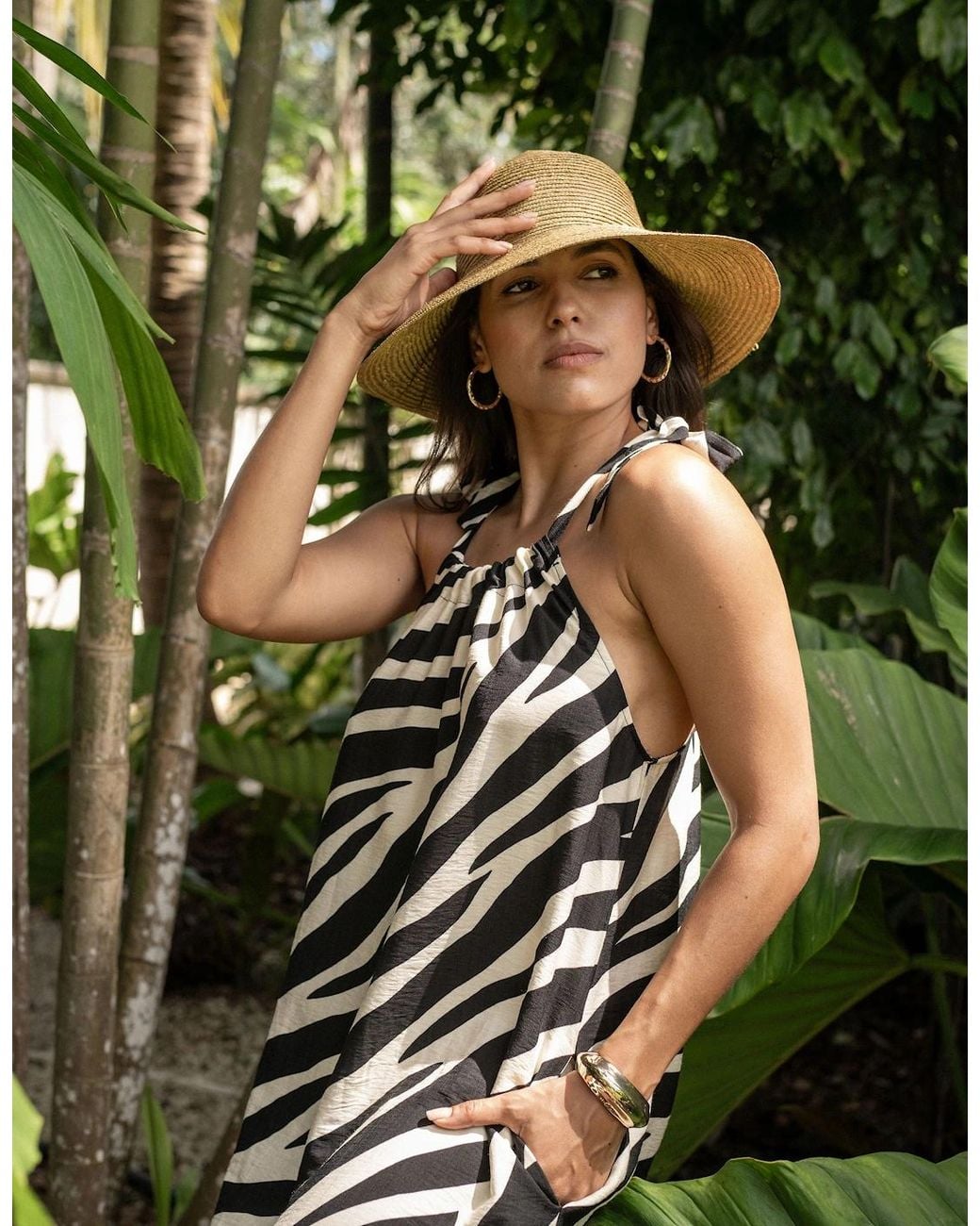 Gini London Green Mono Zebra Print Tie Shoulder Maxi Dress