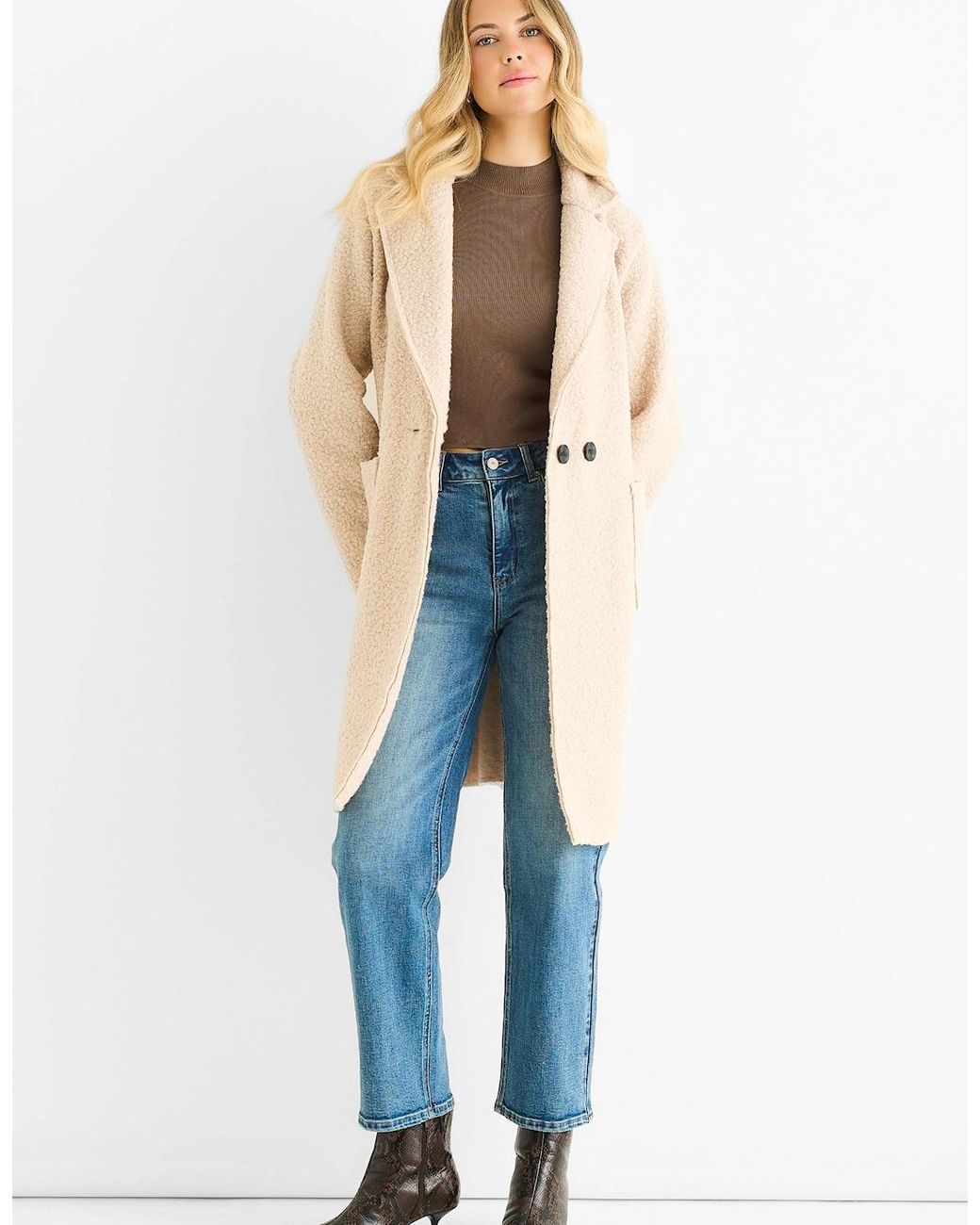 Gini London Blue Shearling Mid Length Double Breasted Jacket
