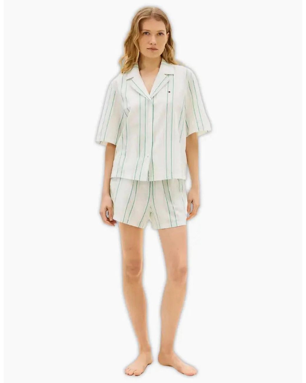Tommy Hilfiger White Th Essentials Shirt & Shorts Line Pyjama Set, Tennis Court Stripe
