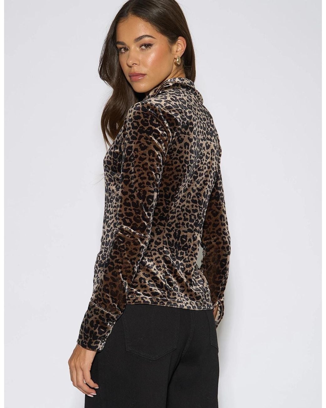 Gini London Black Neutral Animal Velour Button Front Shirt