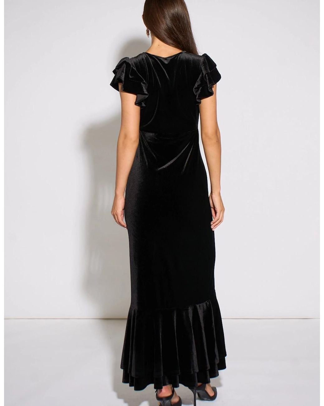 Gini London Black V Neck Ruffle Sleeves Velvet Occasion Maxi Dress