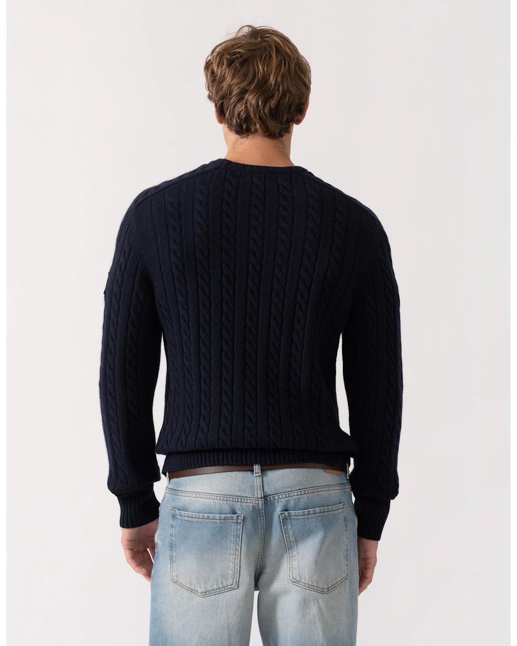 Belstaff Blue Westport Crew Neck Cable Knit Jumper for men