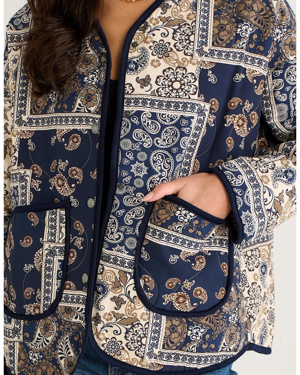 Gini London Blue Paisley Tile Print Lightweight Viscose Quilted Jacket