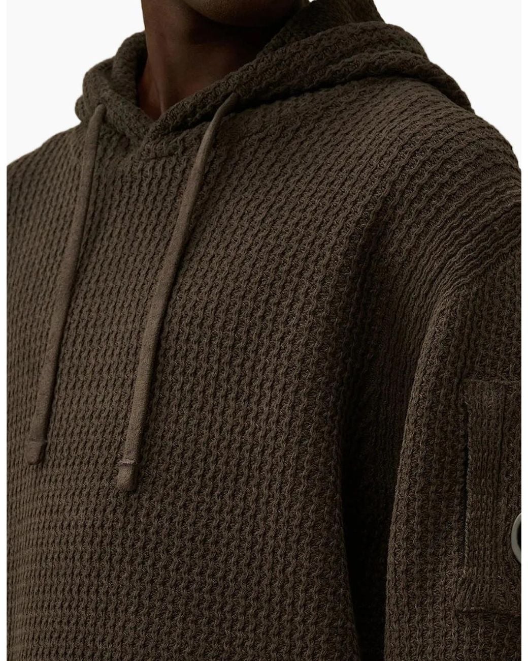 C P Company Brown Chenille Waffle Knit Lens Hoodie for men