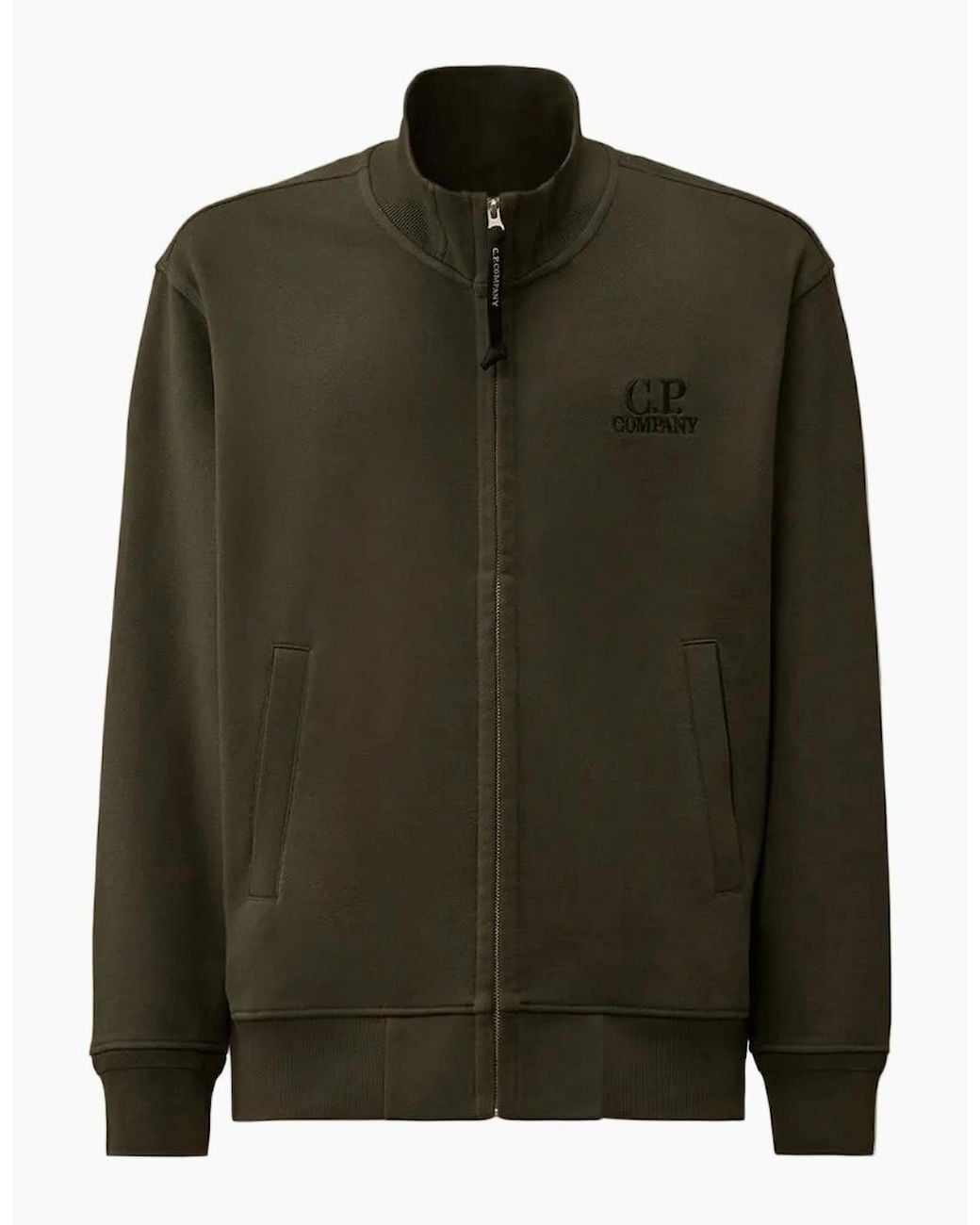C P Company Green Diagonal Fleece Zip Logo Sweatshirt for men