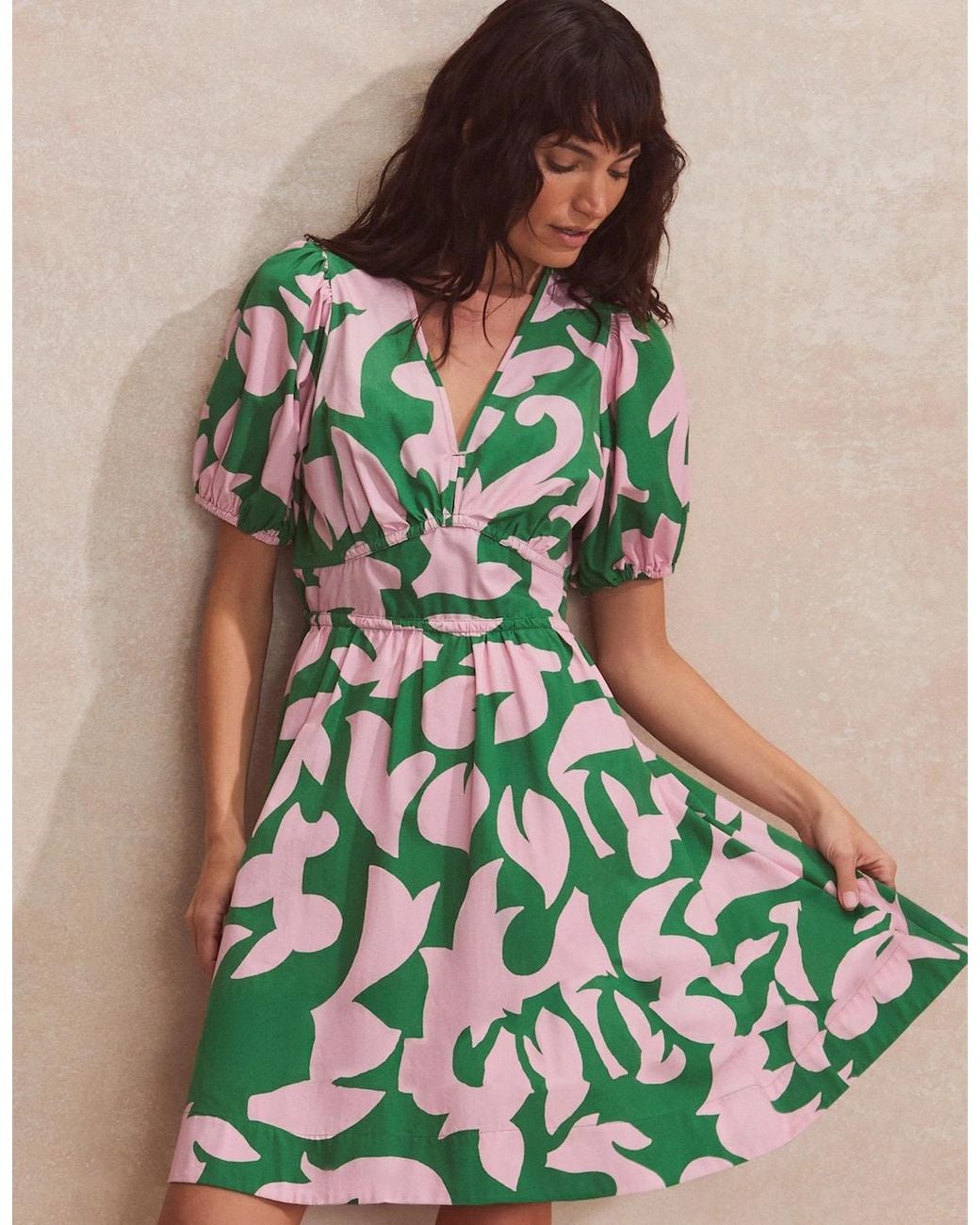 Ro&zo Green And Abstract-Print Puff-Sleeve Mini Dress