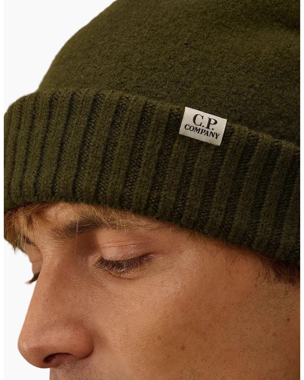 C P Company Green Extrafine Merino Wool Felted Fisherman Beanie for men