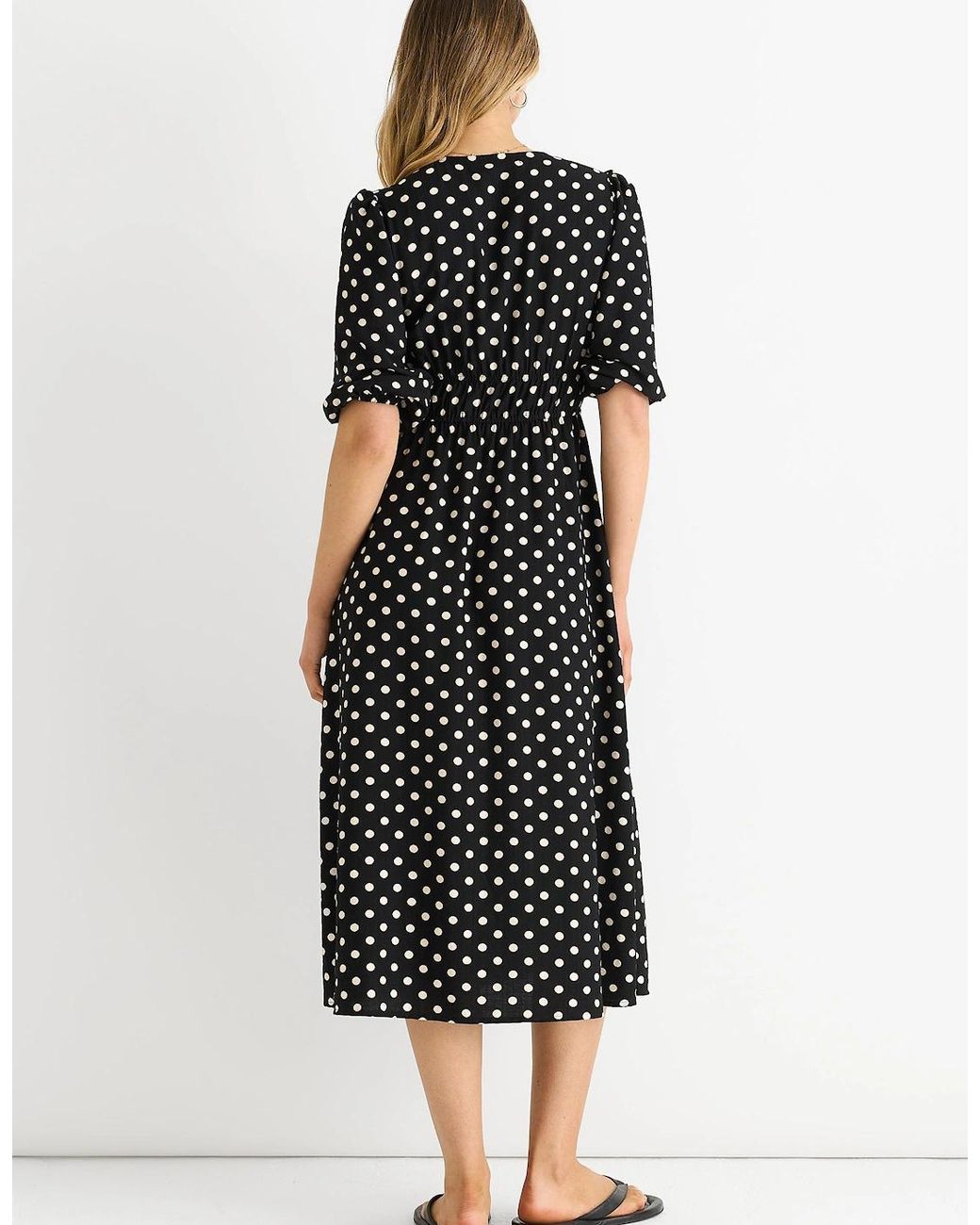 Gini London Black Spot Print Shirred Waist Shift Midi Dress