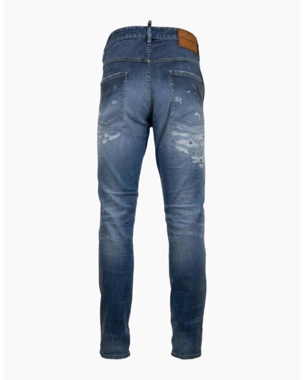 DSquared² Blue Super Twinky Jean Destroyed Reinforced Paint Splash Jeans for men