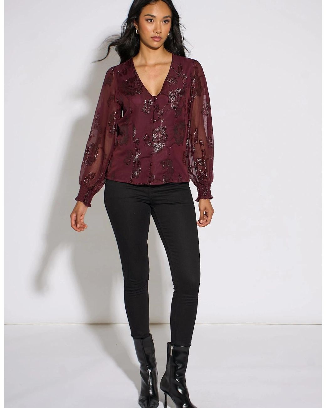 Gini London Red Plum Floral Sparkle Jacquard Blouse