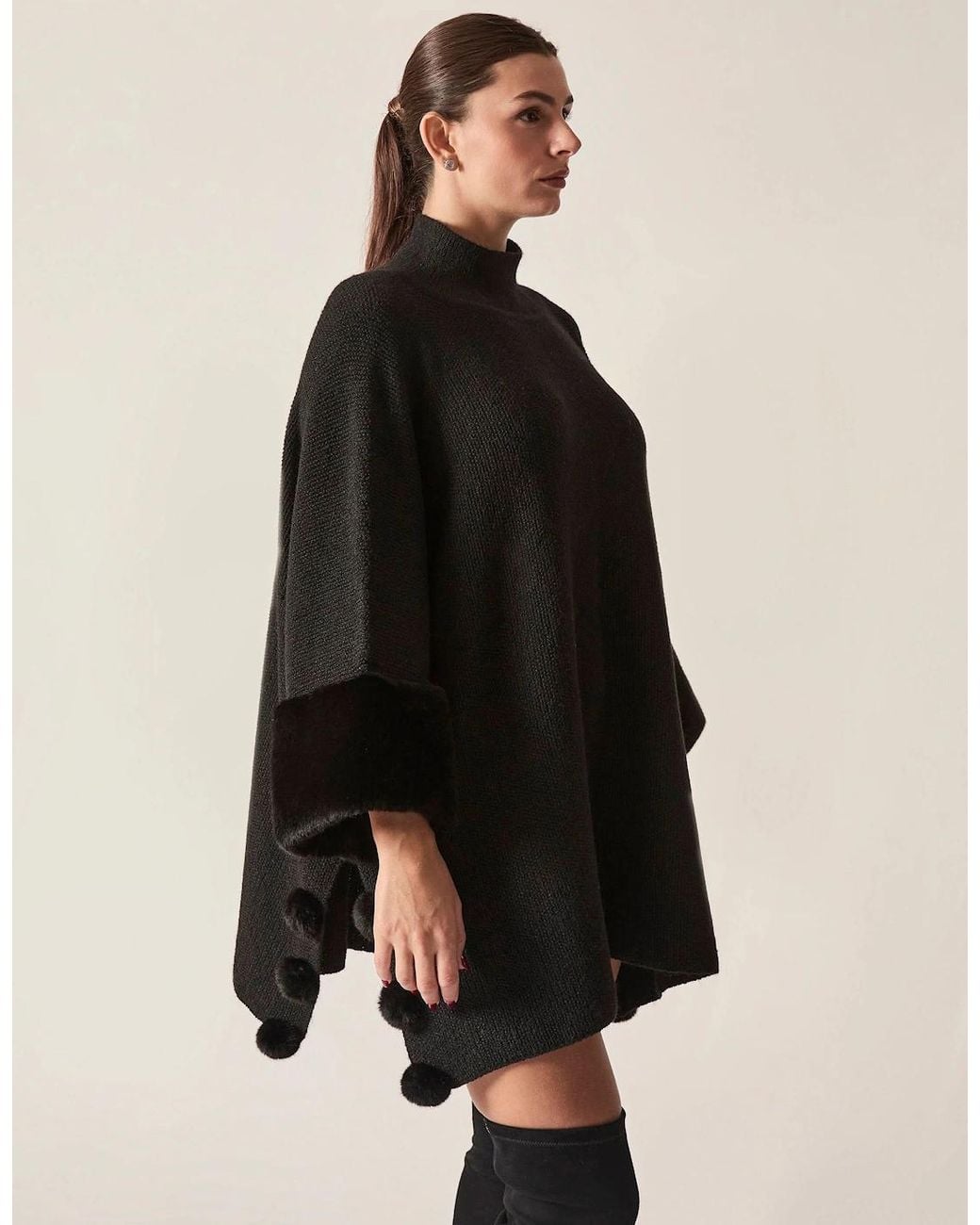 James Lakeland Black Pom Pom Faux Fur Knit Poncho
