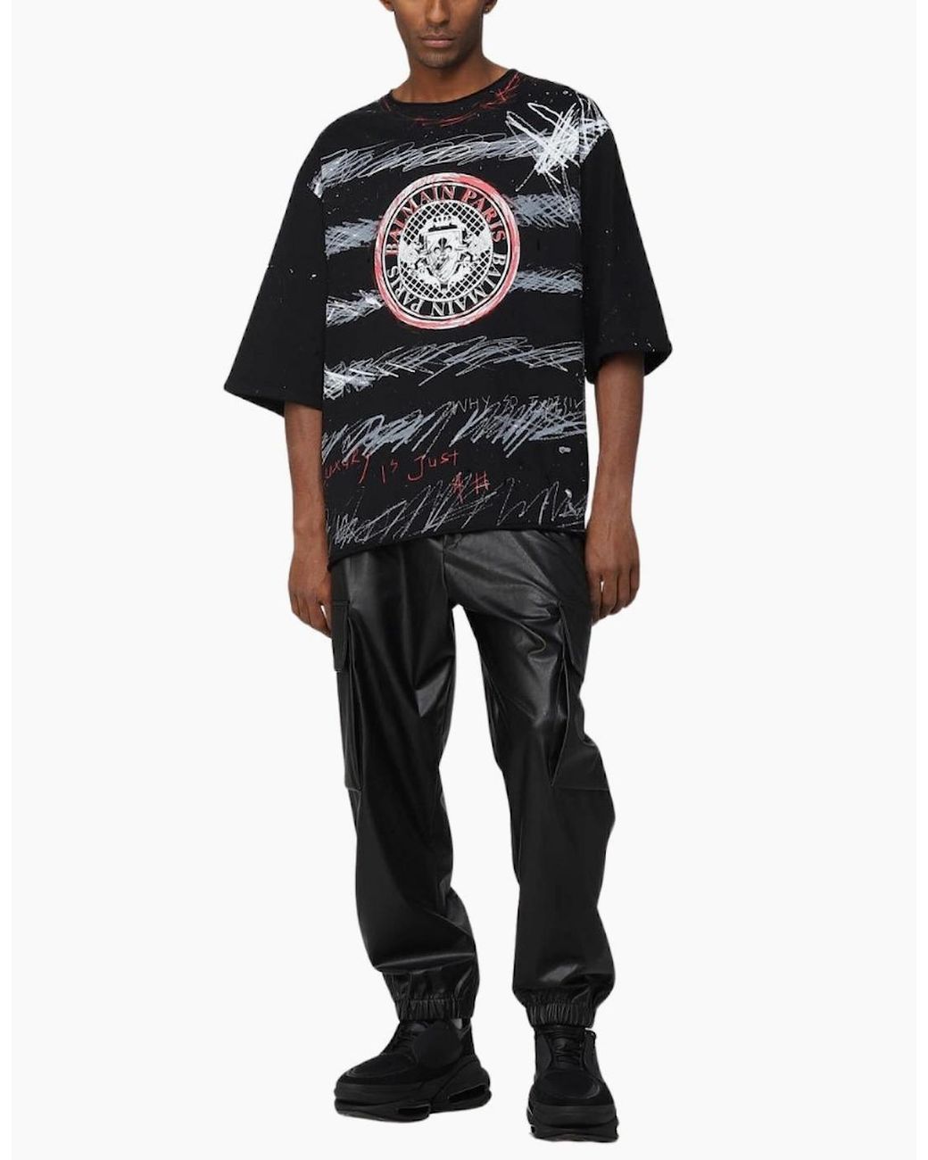 Balmain Black Paris Graffiti Coin Logo T-Shirt for men