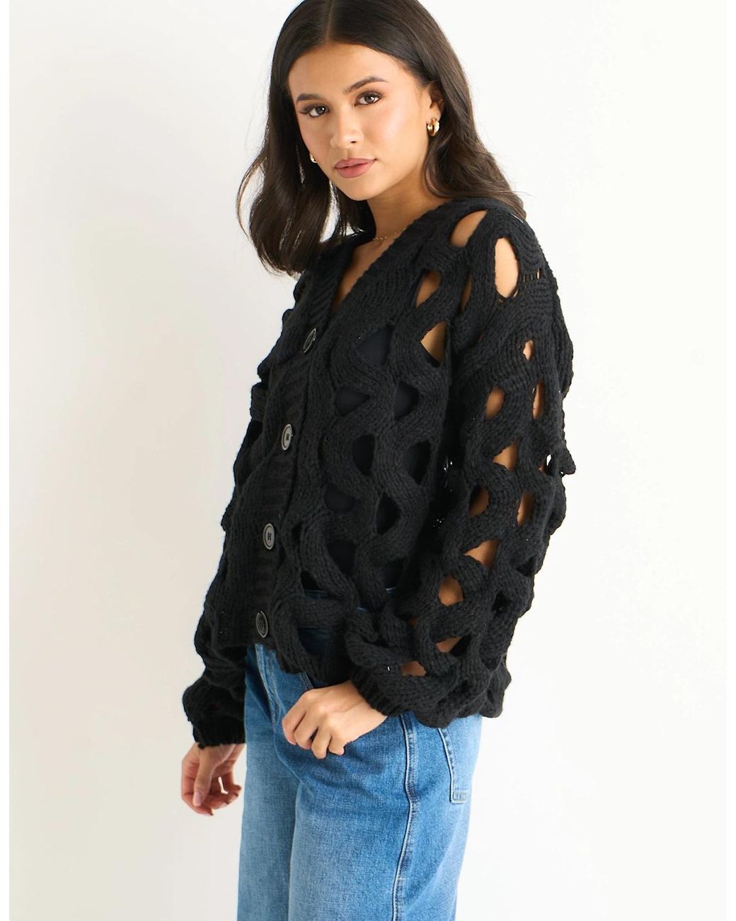 Gini London Blue Hollow Chunky Knit Cardigan