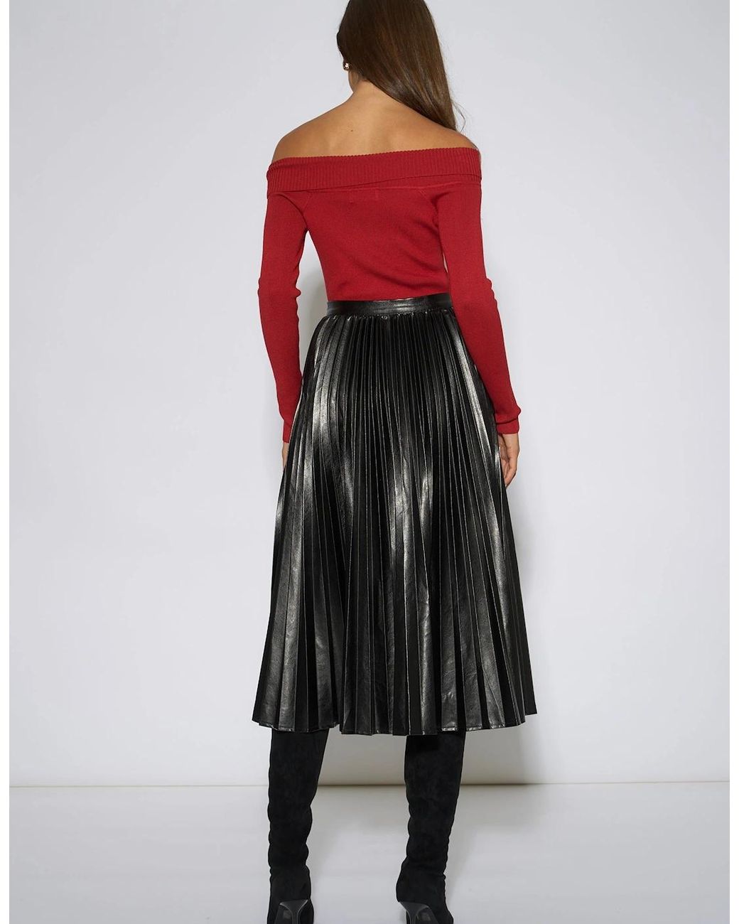 Gini London Black Pleated Faux Leather Midi Skirt