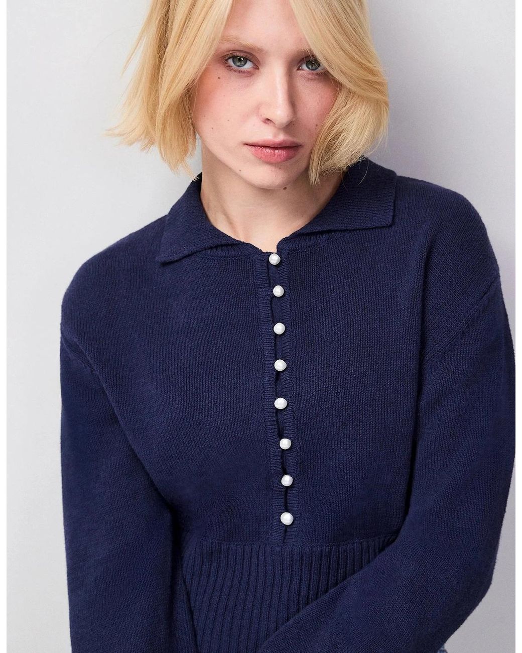 Ro&zo Blue Pearl-Button Cotton And Linen-Blend Jumper