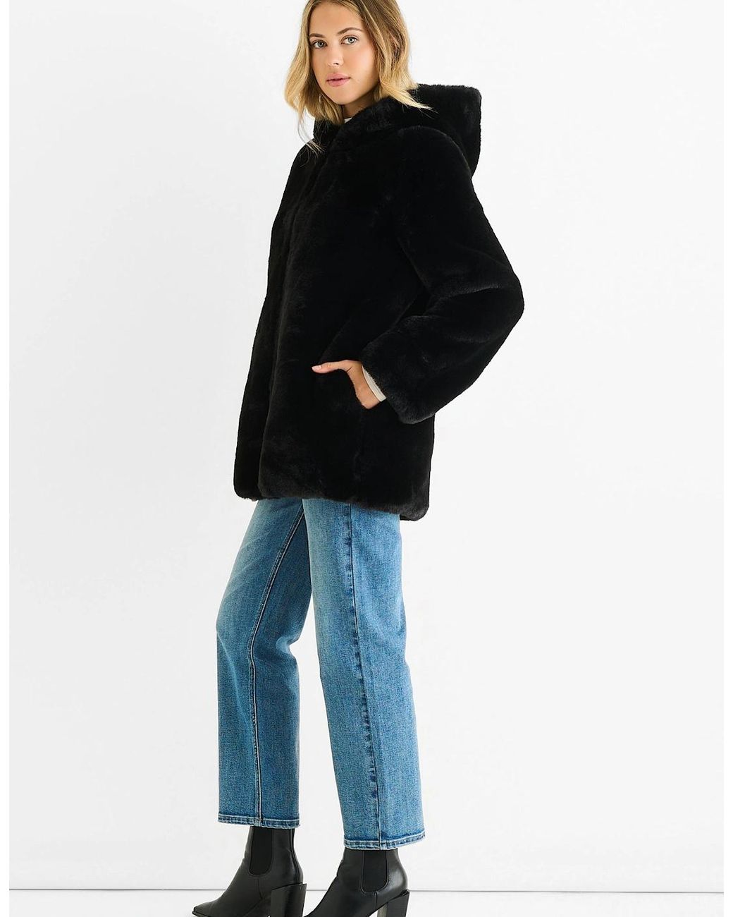 Gini London Black Hooded Long Sleeve Faux Fur Jacket