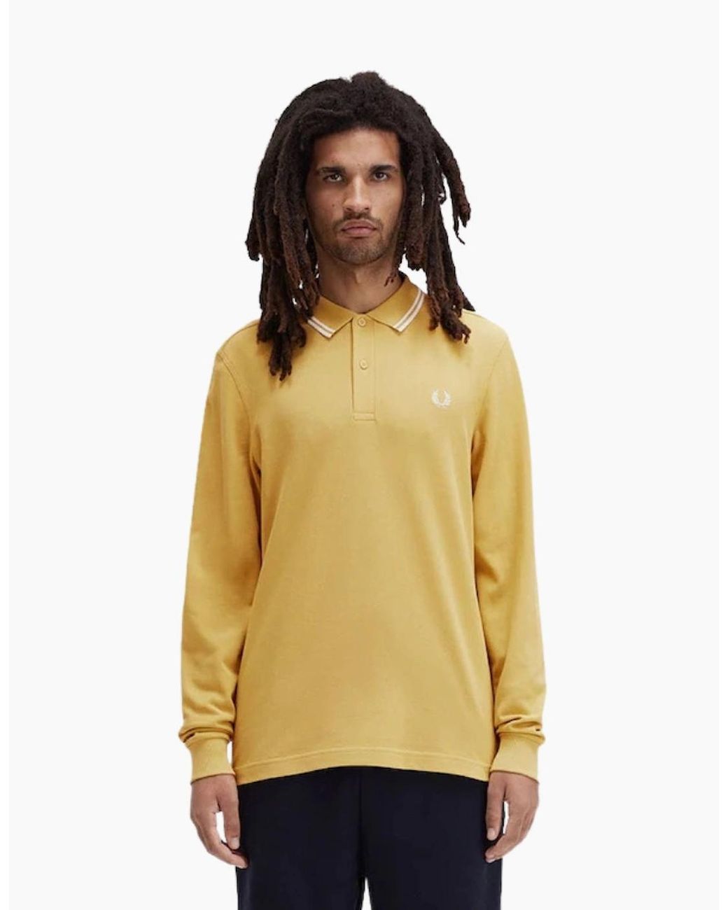 Fred Perry Yellow Twin Tipped Collar Honeycomb Long Sleeve Polo Shirt for men