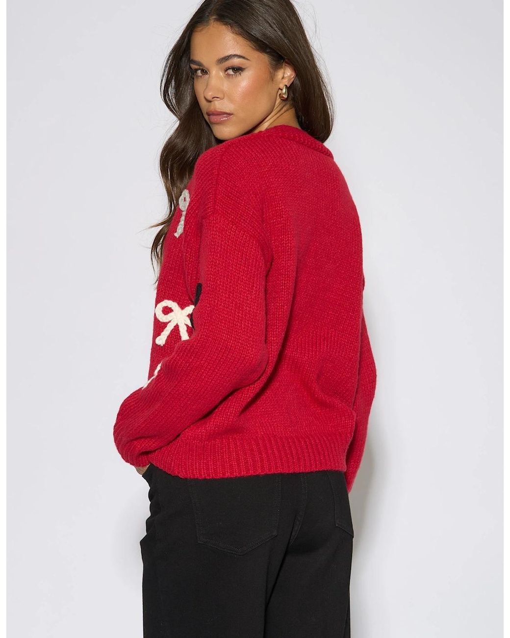 Gini London Red 3D Bow Long Sleeve Knit Cardigan