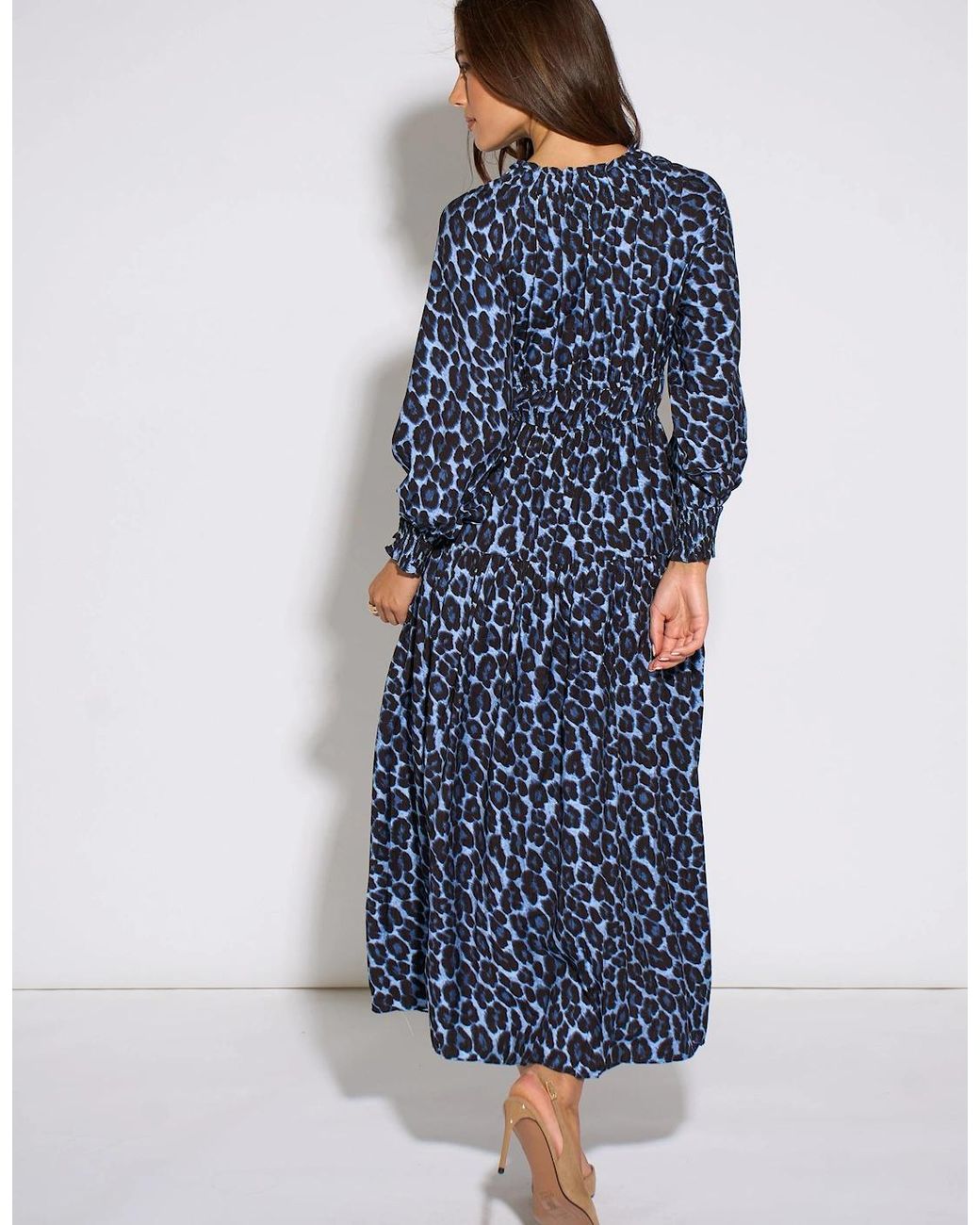 Gini London Blue Animal Print Shirred High Neck Maxi Dress