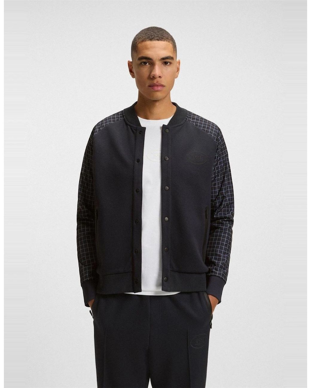 Boss Blue Checkerboard Patterned Full Zipper Bomber Jacket With Ribbed Cuff for men