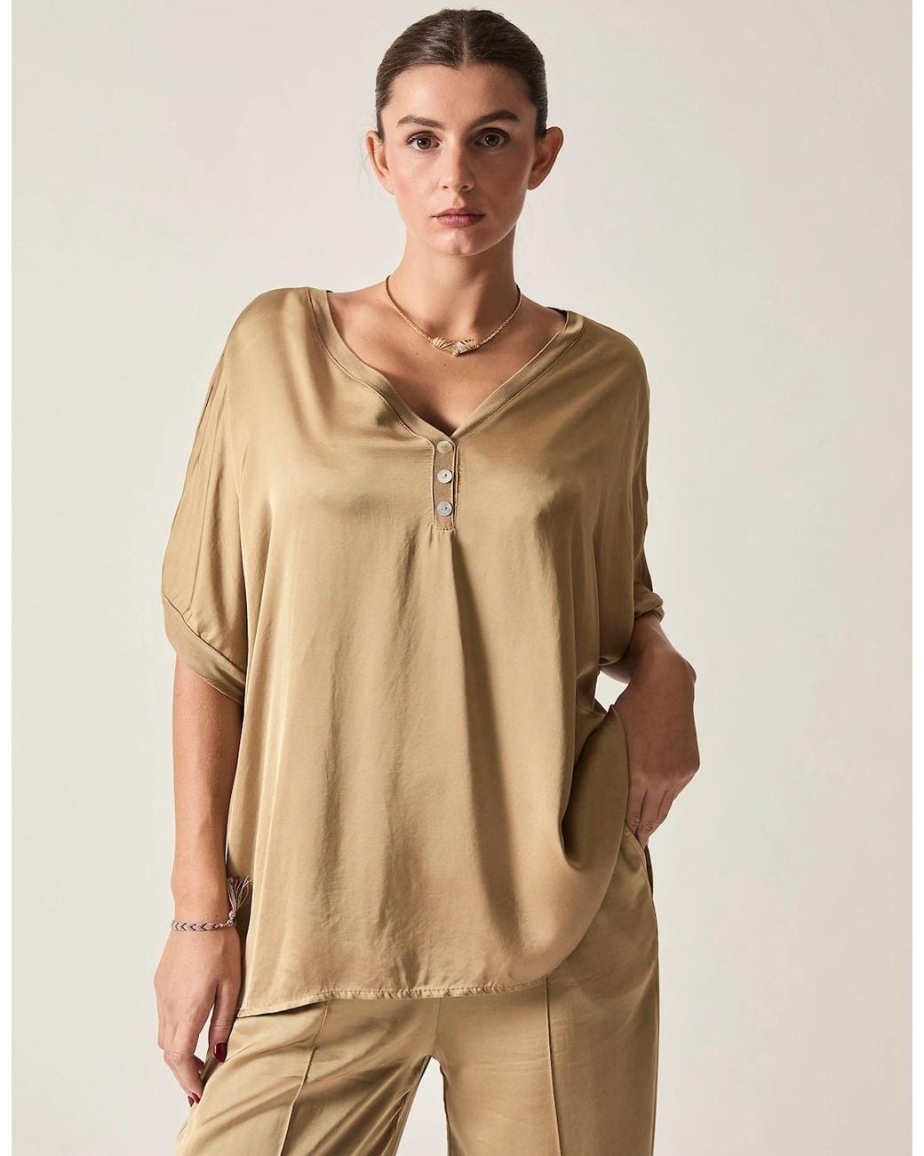 James Lakeland Natural Camel Button Detail Relaxed Fit Top