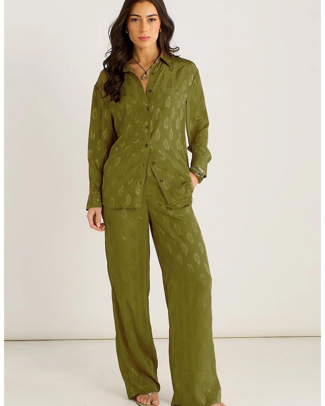 Gini London Green Khaki Floral Satin Jacquard Shirt