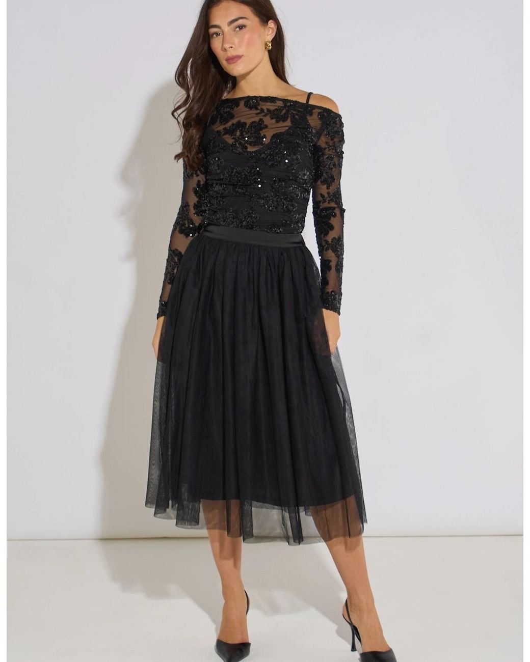 Gini London Black Tulle Skater Midi Skirt