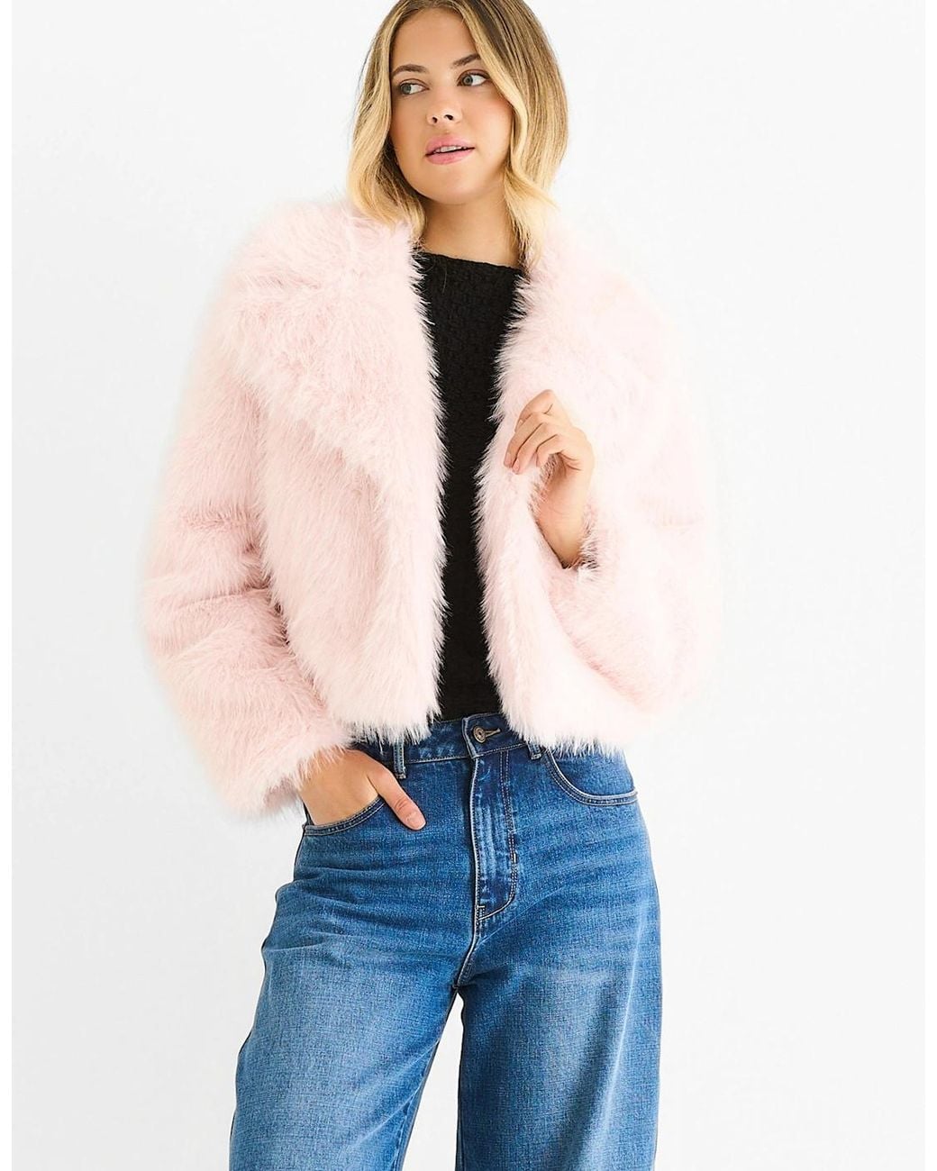 Gini London Blue Faux Fur Lapel Short Jacket